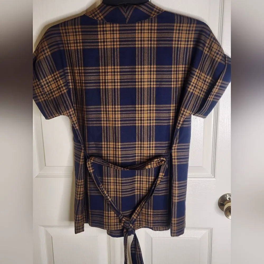 Pendleton M NavyBrownPlaid Shrtslv BeltPockets VirginWool WomenOpenedCardiganUSA